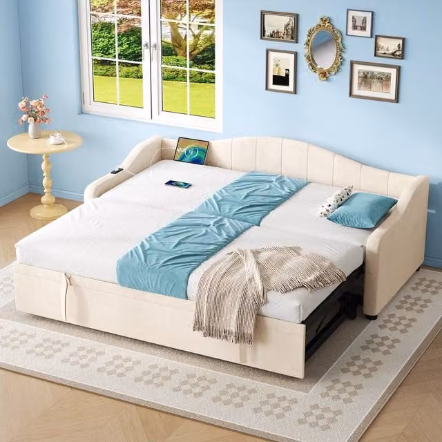Merax Beige Velvet Curved Single Daybed with USB Charging and Trundle, W/D/H: 90 x 190 cm – 1