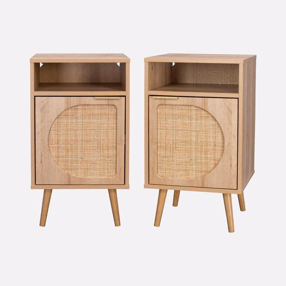 sweeek Pair of Modern Wood and Rounded Cane Rattan Bedside Tables in Light Brown – 2