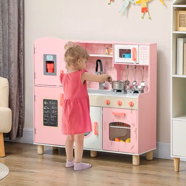 AIYAPLAY Role Play Kitchen with Ice Maker and Chalkboard, Pink