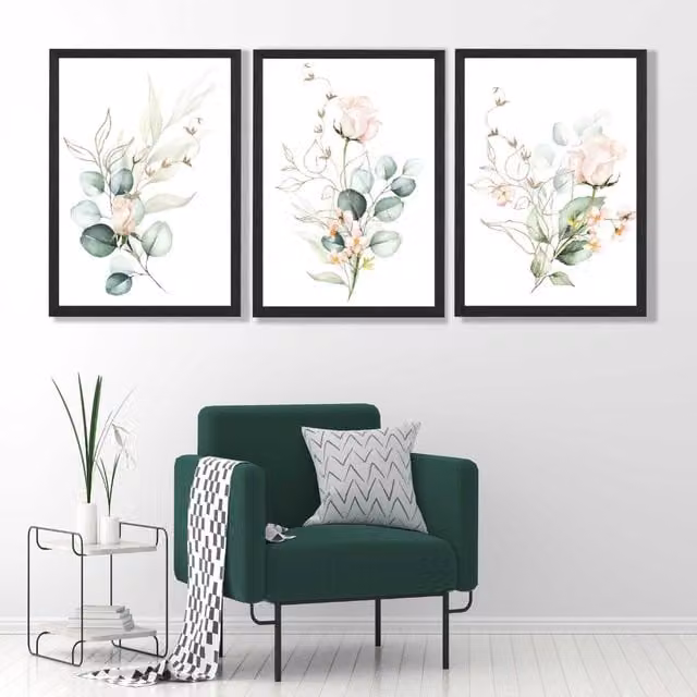 ARTZE Pink Floral Roses Set of 3 Wall Art Prints with Black Frame, W: 53 cm, H: 73 cm, D: 2 cm