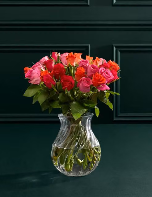 M&S Flower Market Radiant Rose Abundance Bouquet with Glass Vase in Orange, Red and Pink