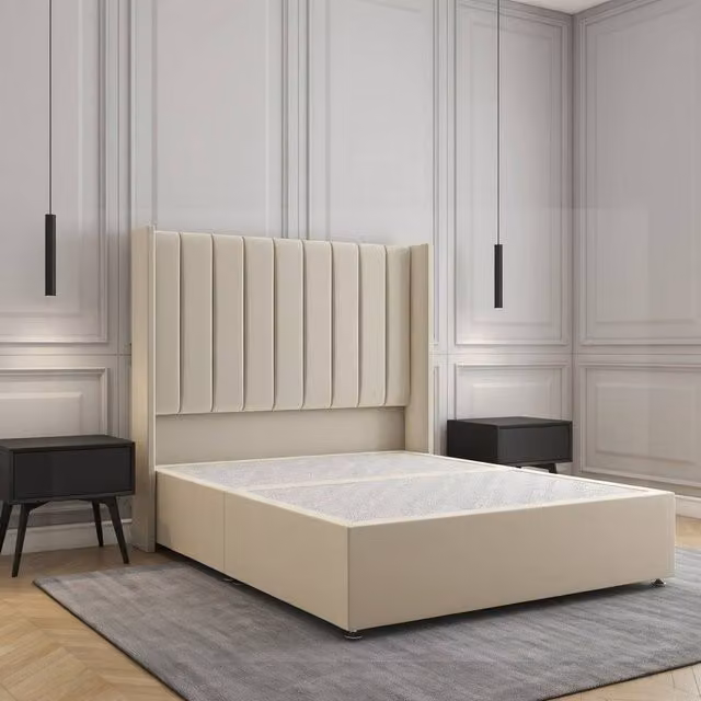 Regional Furnishings Super King Plush Velvet Divan Bed with 54 inch Headboard in Beige, W/D/H: 200 x 200 cm