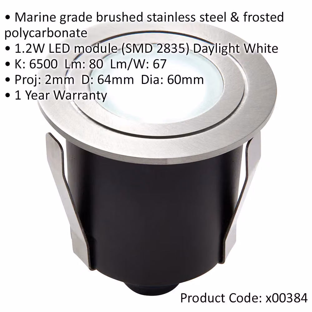 Loops 2 Pack Recessed IP67 LED Guide Light, 1.2W Daylight White, Silver Stainless Steel – 2