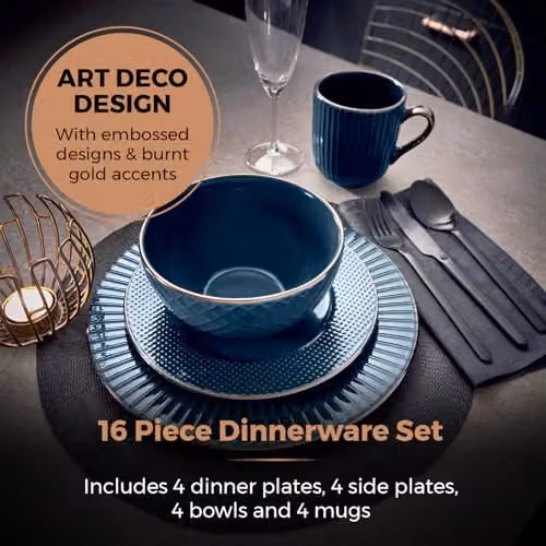 Tower Empire 16 Piece Stoneware Dinnerware Set in Blue and Bronze – 3