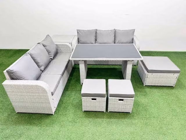 Fimous 9 Seater Rattan Outdoor Dining Set with Side Table and 3 Stools in Light Grey
