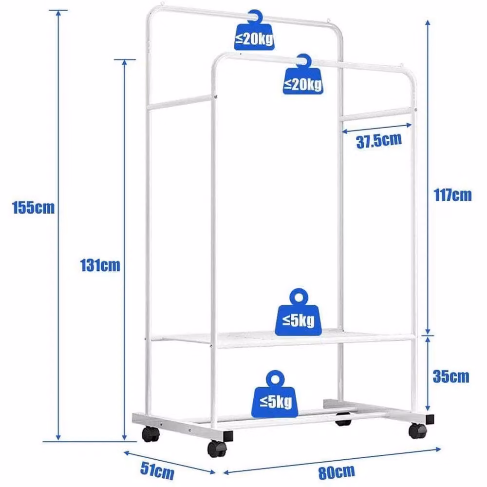 ERGOVEXA Double Clothes Rail XL-Magic Sturdy Hanging Rack with Swivel Display Stand in White – 2