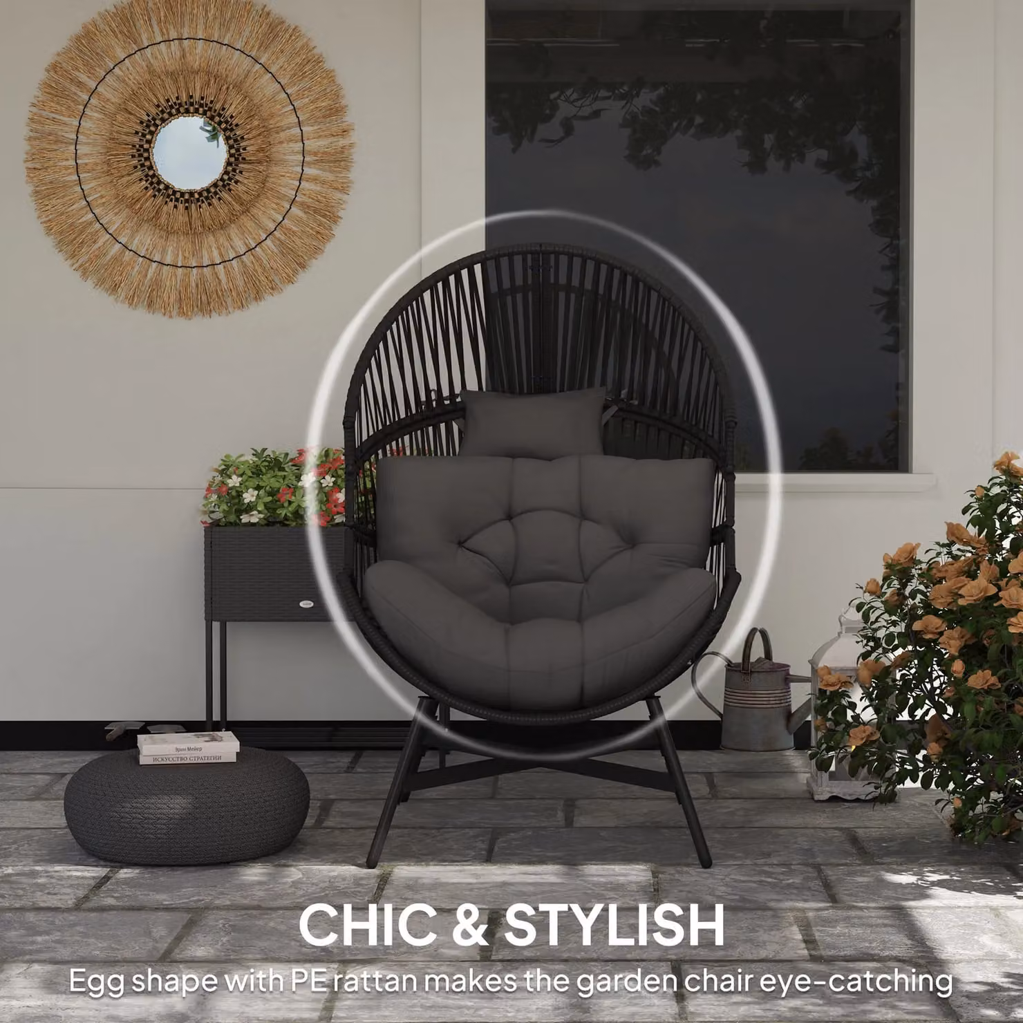 OUTSUNNY Standing Rattan Garden Egg Chair with Headrest, Charcoal Grey – 4