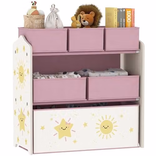 AIYAPLAY 3-Tier Kids Toy Storage Unit with 6 Removable Fabric Boxes, Pink, H 66.0 cm x W 30.0 cm x D 30.0 cm