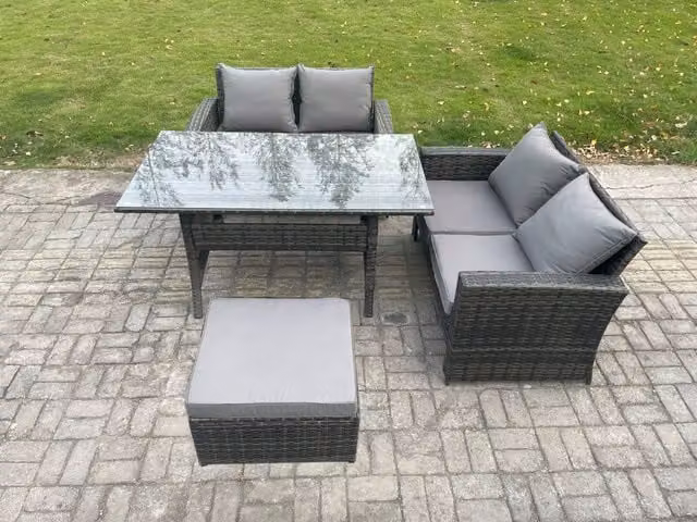 Fimous Dark Grey PE Wicker Rattan Garden Furniture Set with Love Sofa, Rectangular Dining Table and Large Footstool
