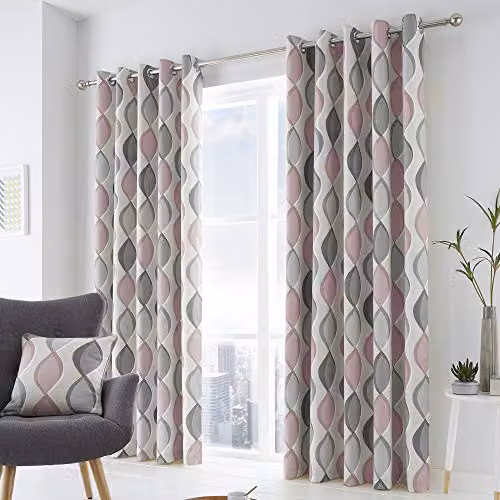 Fusion Lennox Modern Geo Print Eyelet Curtains in Grey and Pink, W: 168 cm, D: 137 cm