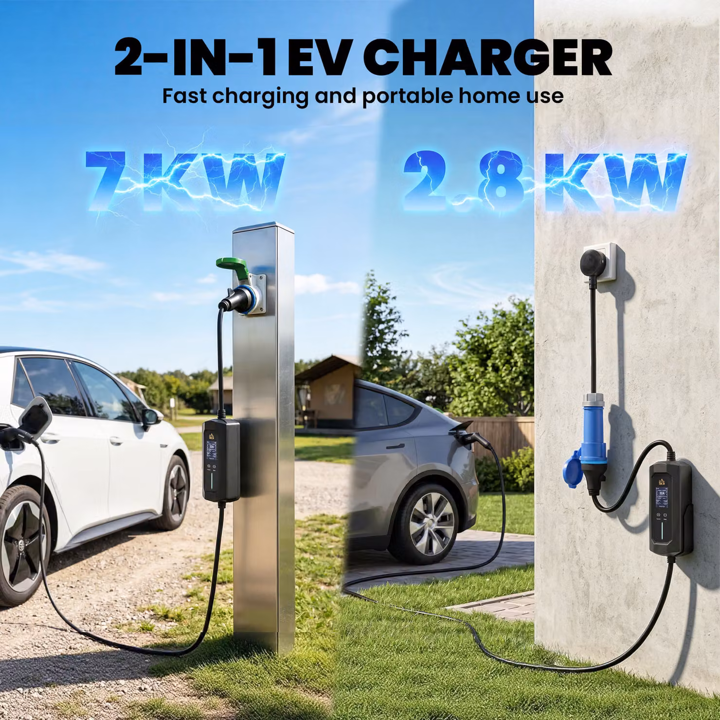 HOMCOM 7kW Type 2 Electric Car Charger with CEE 32A Plug, UK Adapter and 10 m Cable, Black – 4