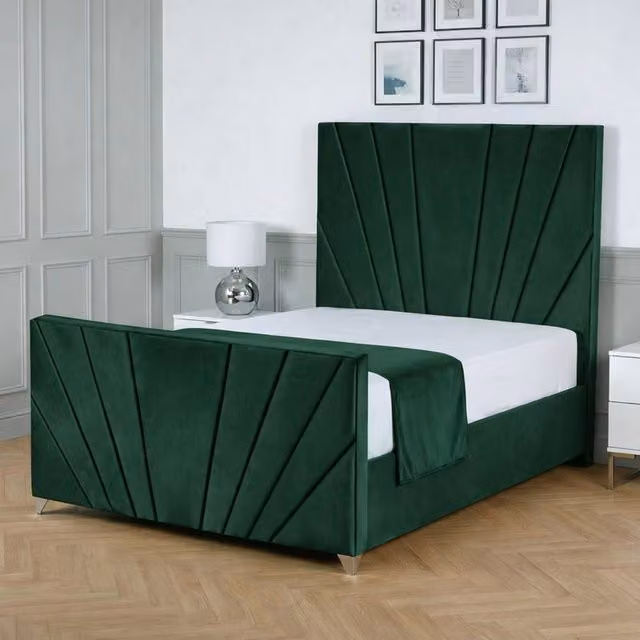 Living Comfort Bedz Lumina Plush Velvet Upholstered Super King Bed with Slatted Base and 48 Inch Headboard in Green, W/D/H: 200 x 200 cm