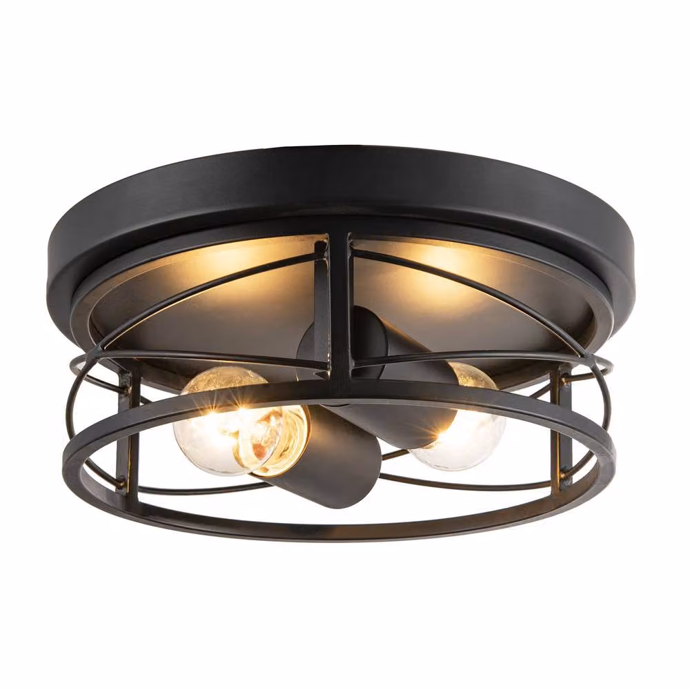 Happy Homewares Industrial Vintage Black Round Flush Ceiling Light with Wire Design – 2