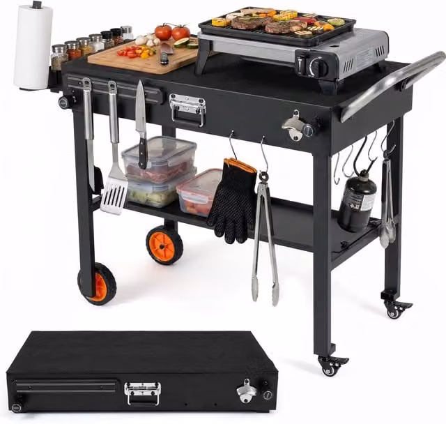 COSTWAY Folding Grill Cart Prep Table in Matt Black Metal