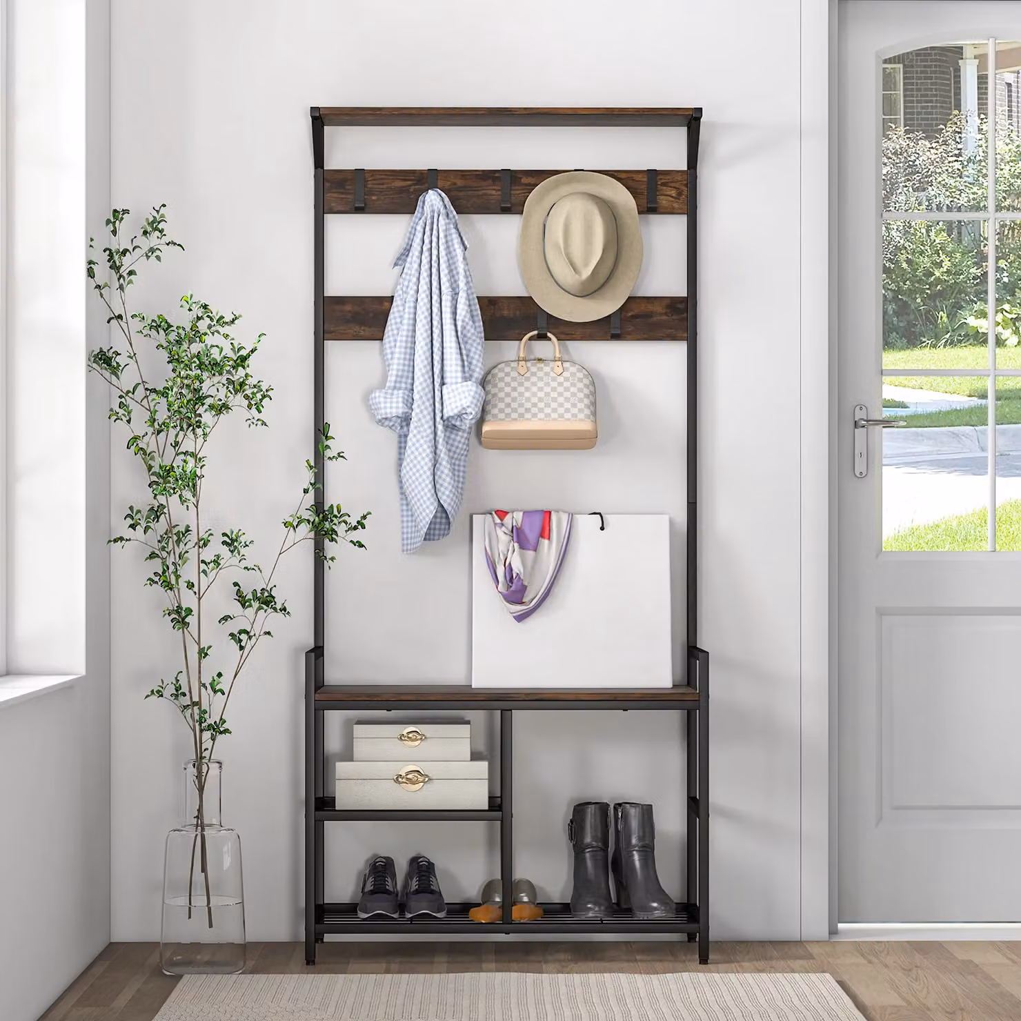 Costway 3-in-1 Industrial Hall Tree with Shoe Bench and Storage in Brown – 3