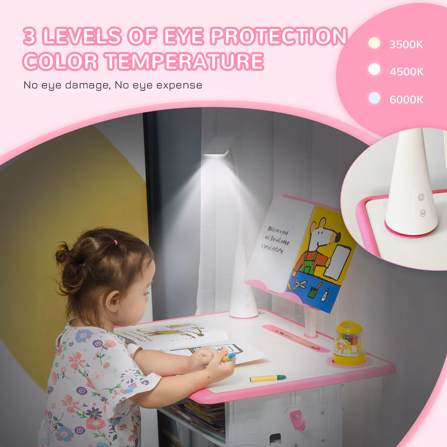 HOMCOM Kids Adjustable Height Study Desk and Chair Set in Pink with Drawer and Book Stand – 3