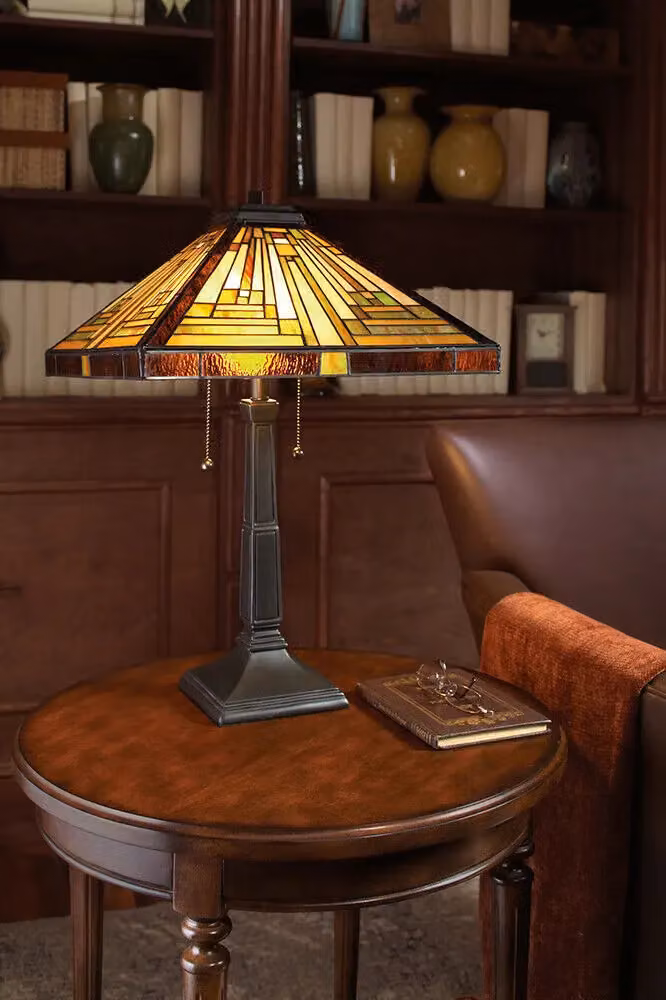 Loops Tiffany Style Hand Crafted Coloured Glass Table Lamp in Bronze and Multicolour – 2