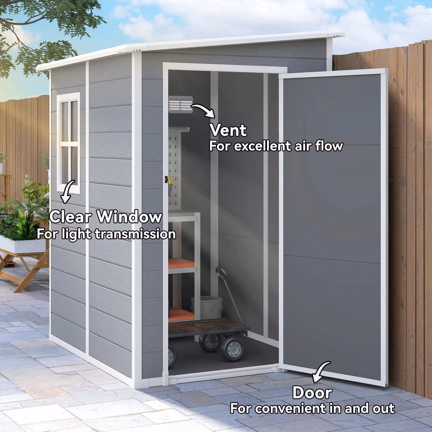 OUTSUNNY Grey Plastic and Metal Lockable Lean-to Garden Shed with Vent, W/D/H: 121.92 x 149 x 192 cm – 5