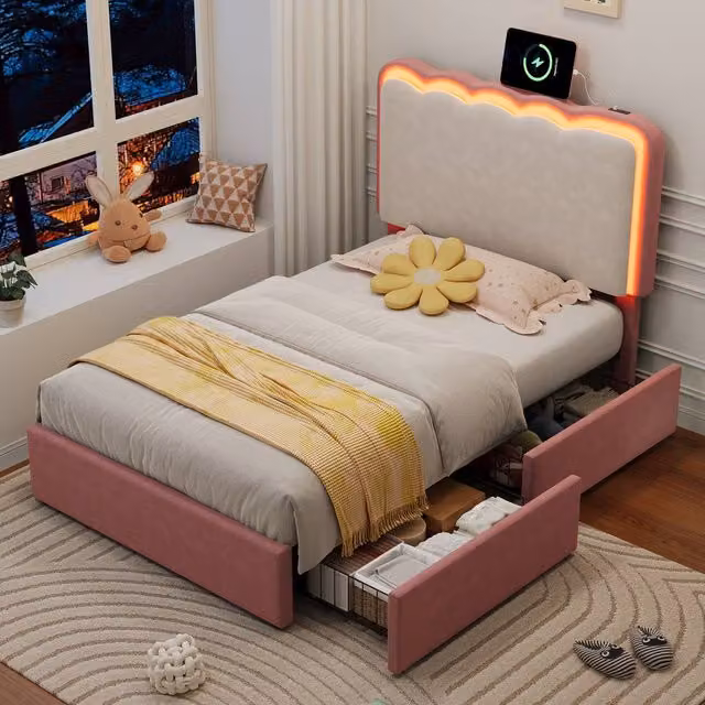 Merax Pink and White Single Velvet Storage Bed with LED Wavy Headboard and USB Charging Port, W/D/H: 198 x 100 x 117 cm
