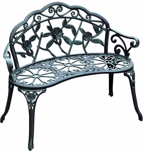 NESTLUNE Vintage Floral Cast Metal Garden Bench in Dark Green with Armrests – 1