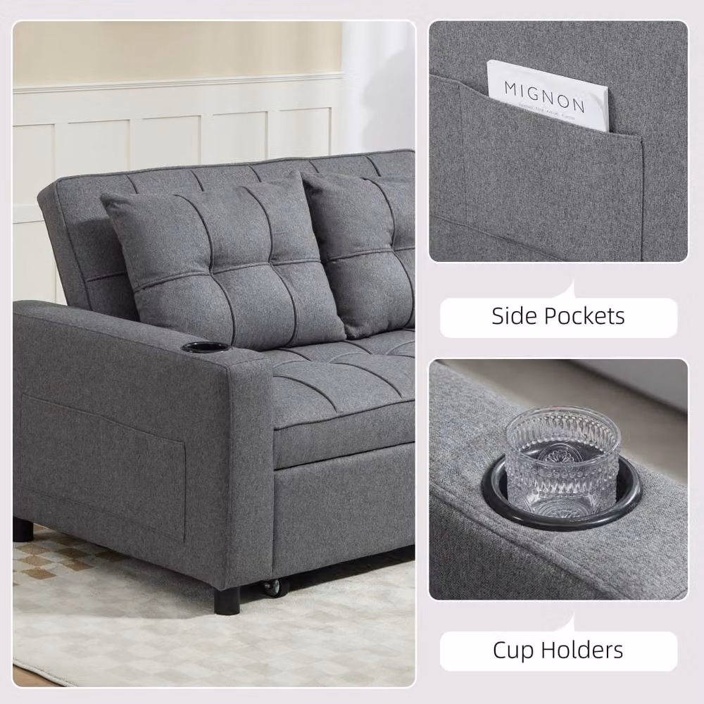 Wyld Haus Rireel Diha 2 Seater Pull Out Sofa Bed in Charcoal Grey with Cup Holders, W/D/H: 157 x 91 x 91 cm – 6