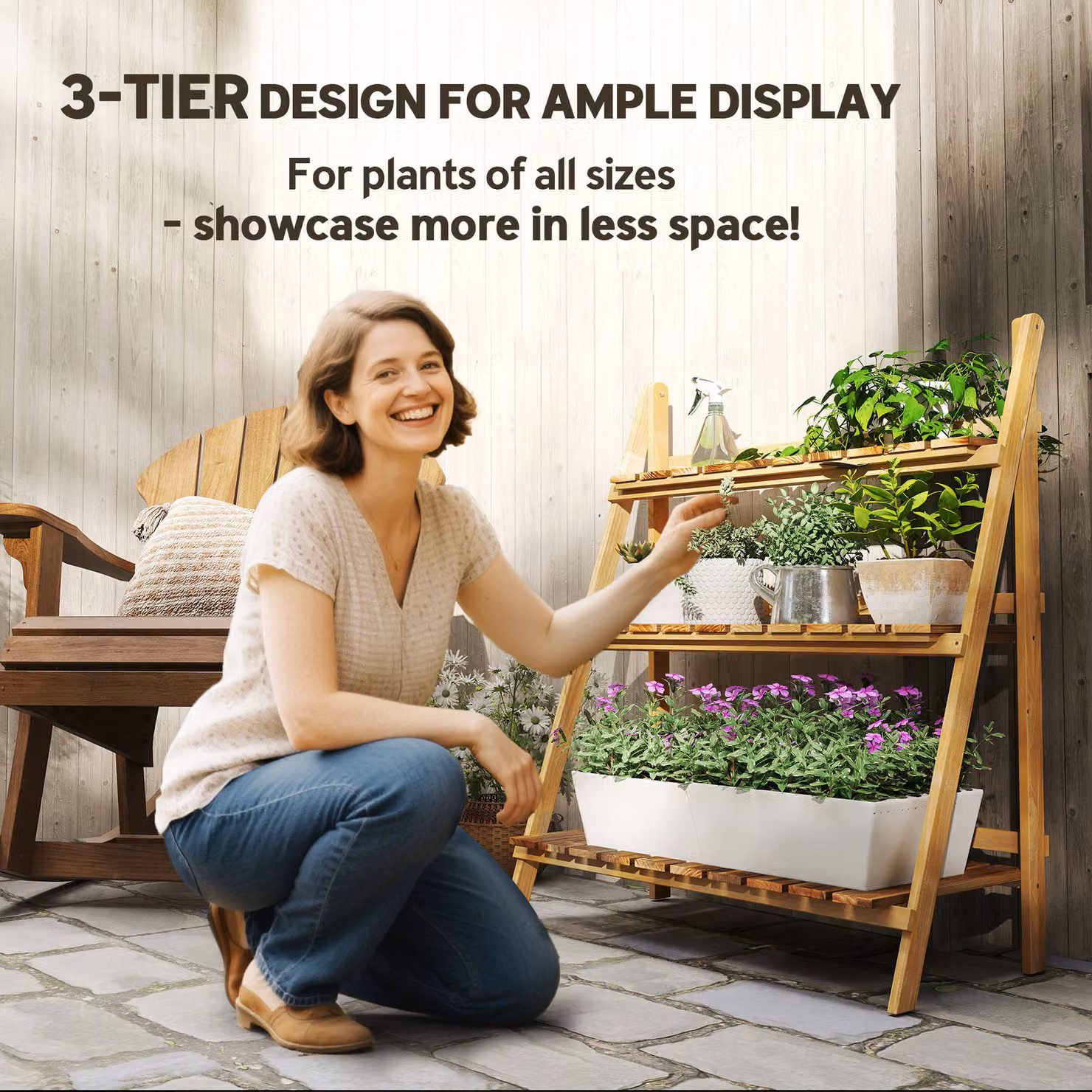 Outsunny 3 Tier Wooden Folding Flower Pot Stand, Brown Garden Planter Ladder for Herbs and Plants, H 93 x W 71.5 x D 37 cm – 4