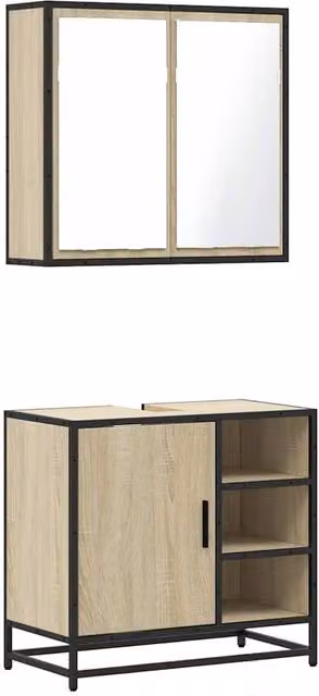 Berkfield Home 2 Piece Industrial Bathroom Furniture Set in Sonoma Oak Brown, featuring a Vanity Unit and Mirror Cabinet