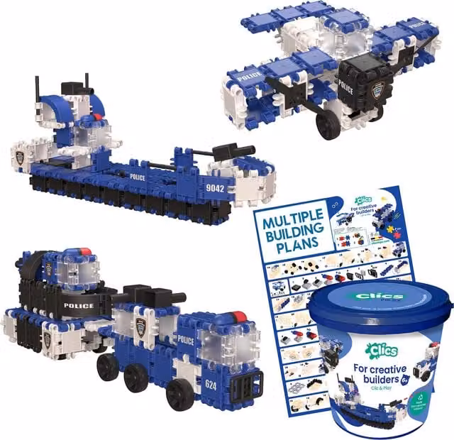 Clicformers Clics Bucket Police Click and Play Toy Set with 135 Pieces in White, Blue and Multicolour