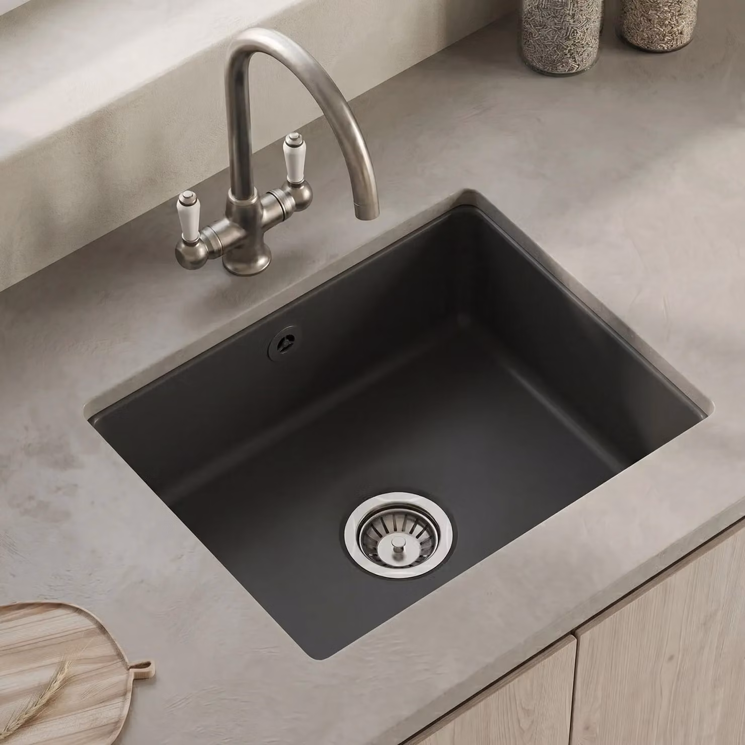 Balterley Ceramic Single Bowl Undermount Kitchen Sink, Dark Grey, W: 54.8 cm, D: 44.2 cm, H: 19.7 cm – 7