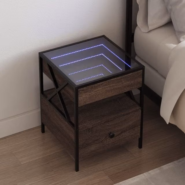 Berkfield Home Infinity LED Bedside Table in Brown Oak with Mirror Top, W/D/H: 40 x 40 x 51 cm – 1