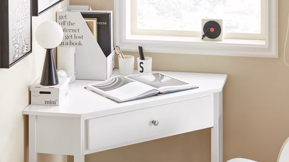 SoBuy Modern White Corner Desk with Drawer – 3