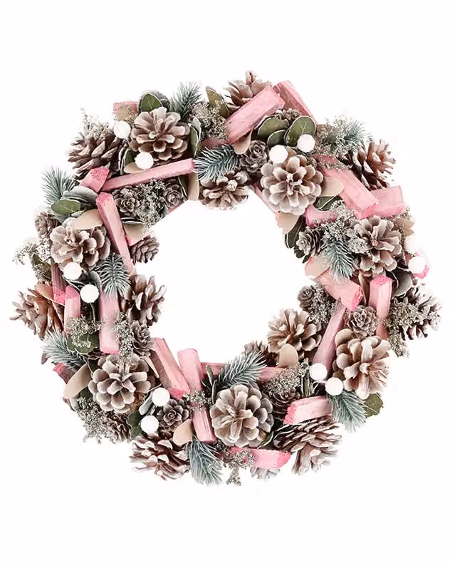 Dibor Pastel Pink and White Driftwood Christmas Wreath with Leaves, Diameter: 33 cm – 2