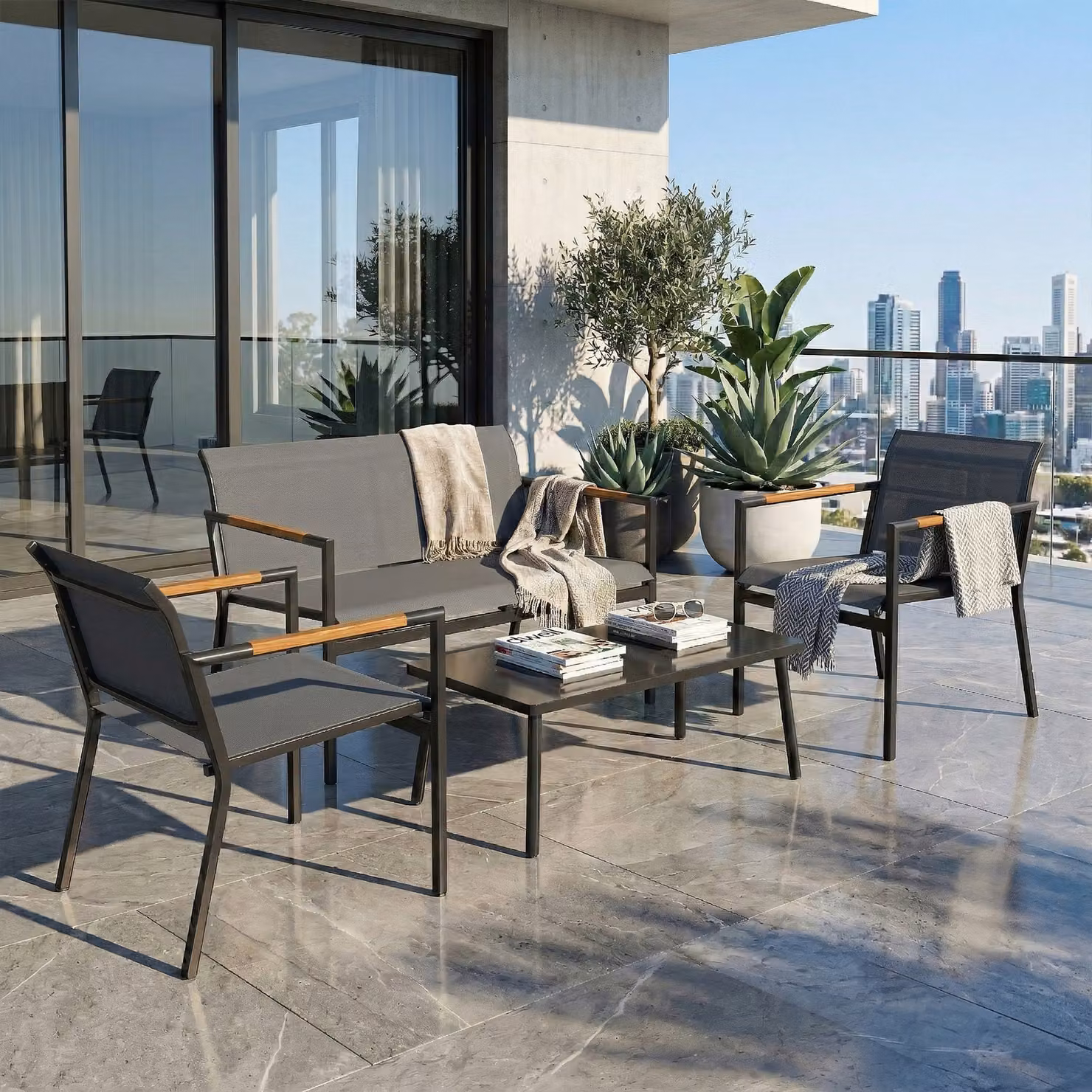 Outsunny 4 Seater Grey Metal Garden Furniture Set with Loveseat, Armchairs and Table – 2