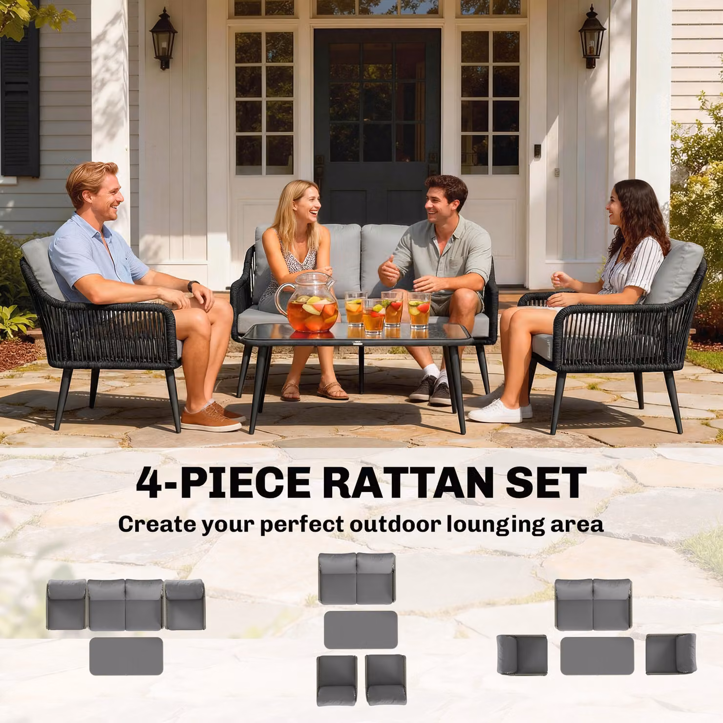 Outsunny 4 Piece Grey Rattan Garden Furniture Set with Tempered Glass Table and Powder Coated Steel Frame – 5