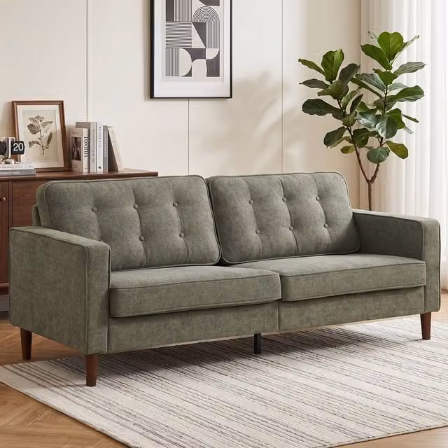 HOMCOM 3 Seater Mid-Century Velvet Upholstered Sofa with Button Tufting and Wood Legs in Green