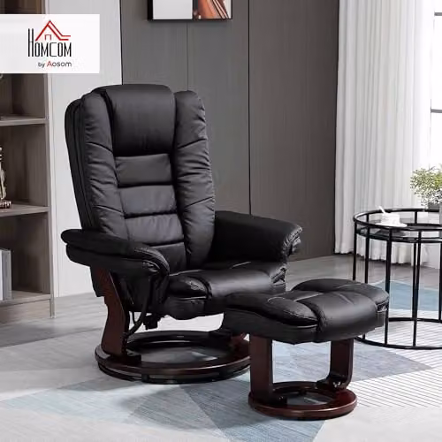 HOMCOM Manual Recliner and Footrest Set in Black PU Leather with Swivel Wood Base – 2