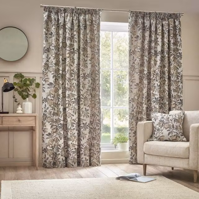 Wylder Tropics Pomegranate Floral Jacquard Pencil Pleat Curtains in Beige and Multicolour, Width: 168 cm, Drop: 183 cm