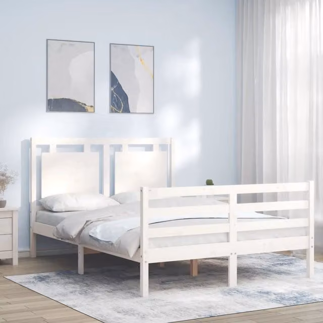 Berkfield Home White Solid Pine Wood Bed Frame with Headboard W/D/H: 120 x 200 cm