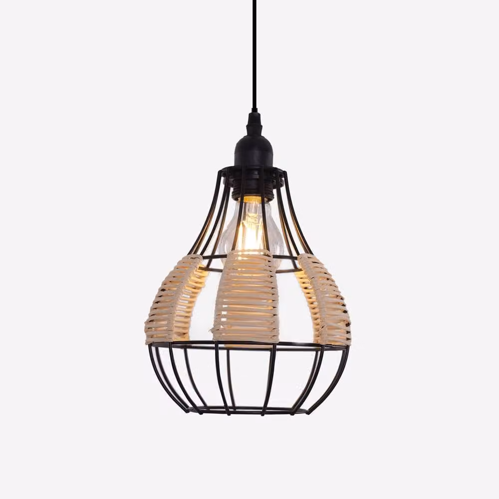 Living and Home Basketweave Rattan and Metal Suspended Pendant Light in Brown and Black – 2