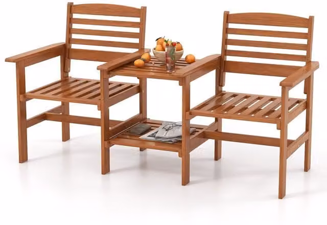 Costway Brown Treated Hardwood Outdoor 2 Seater Sofa and Coffee Table Set