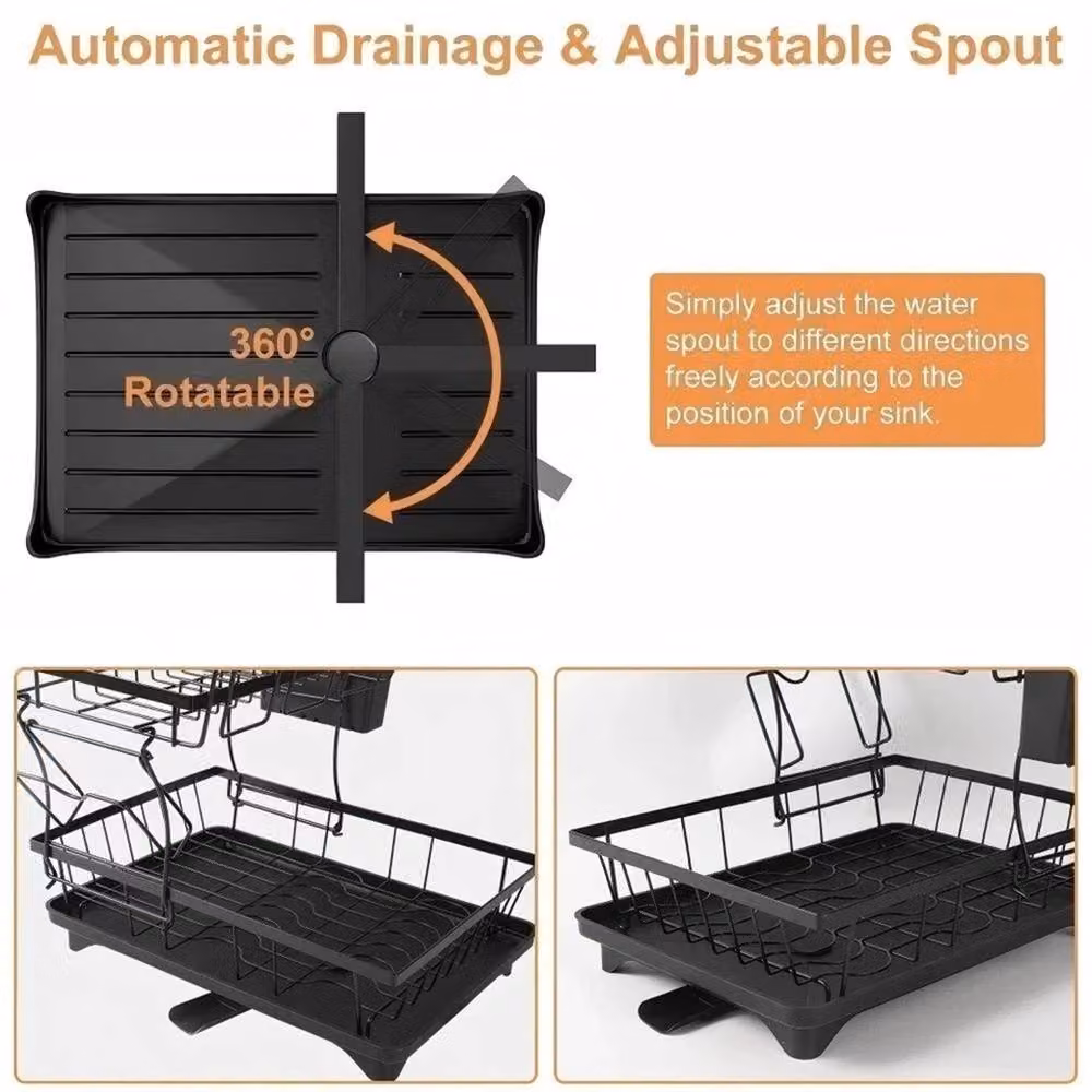 Nordara 2 Tier Kitchen Dish Drainer Rack with Cutlery and Cup Holder in Black – 3