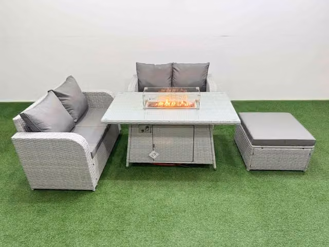 Fimous 5 Seater Rattan Garden Furniture Set with Firepit Dining Table and Footstool in Light Grey