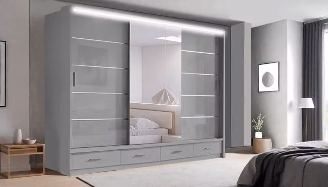RAC3 Grey High Gloss LED Mirror Sliding Wardrobe with Integrated Drawers W: 256 cm, H: 216 cm