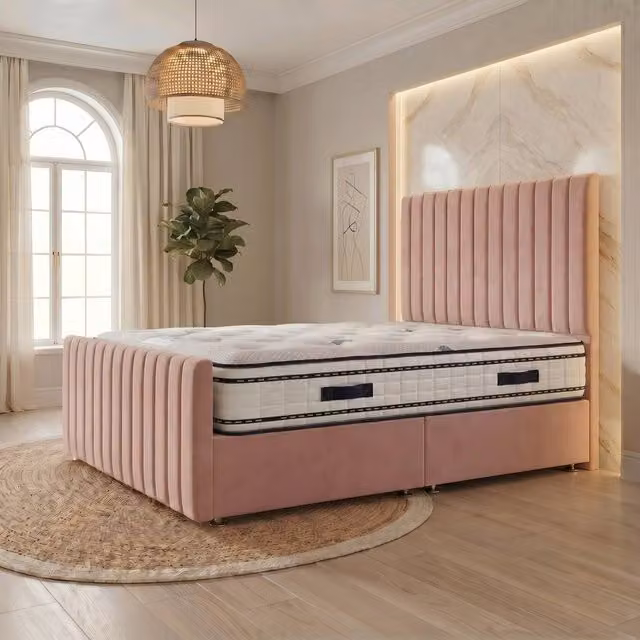 Somnior Eleanor Pink Velvet Divan Bed with Hybrid Mattress and Headboard, King Size, W/D/H: 180 x 200 x 137.16 cm