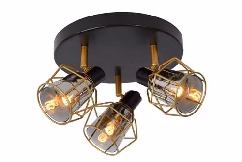 Lucide Nila Dimmable Adjustable Vintage Ceiling Spotlight, Black and Gold/Brass, Diameter: 36 cm, 3 x E14