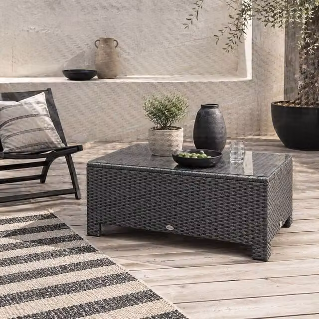 Wyld Haus Niyo Black Rattan Rectangular Outdoor Coffee Table with Tempered Glass Top – 1