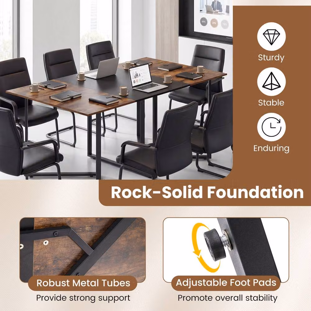 Gymax Industrial Rectangular Conference Table in Brown with Metal Frame and Grommet for 6-8 People – 3