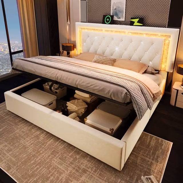 Matteo Beige Velvet King Size Bed Frame with LED Lighting, USB Charging Ports and Lift Up Storage Base