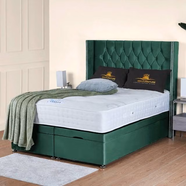 UK Bed Furniture Francesca End Lift Divan Ottoman Bed with 54 Inch Diamond Headboard in Green Velvet, W/D/H: 90 x 190 cm – 1
