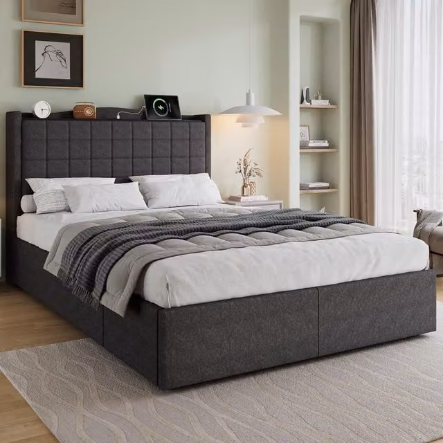 Aosom UK Grey Upholstered Bed Frame with 4 Under-Bed Drawers, H x W x D: 111 x 140 x 208 cm